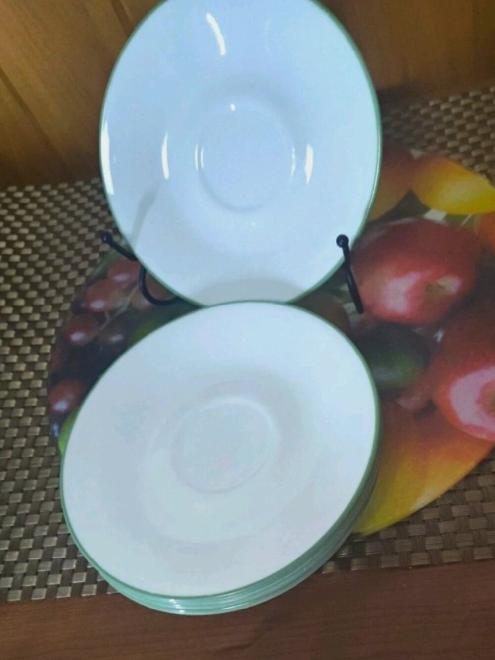 Lot of 7 Vintage Corelle Corning White & Green Rim Saucers Plate Shadow Iris